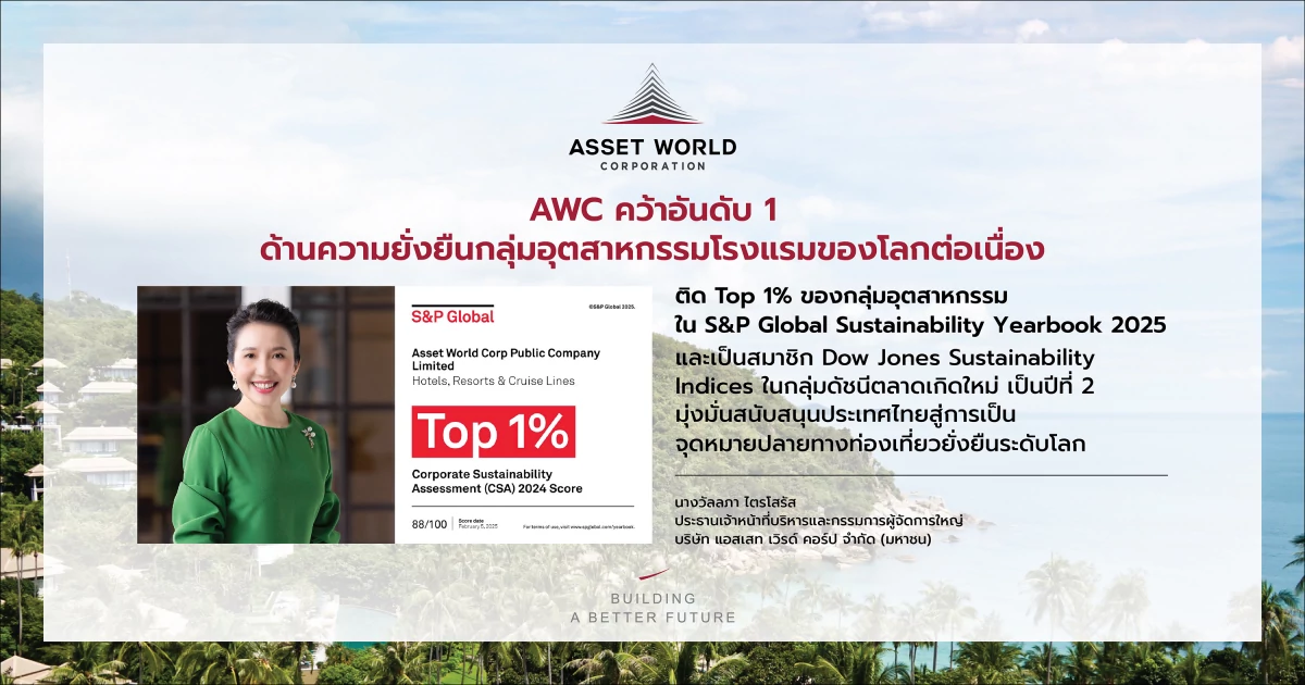 AWC ทำคะแนนอันดับ 1 ของโลกด้านความยั่งยืนต่อเนื่องในกลุ่มอุตสาหกรรมโรงแรม ติด Top 1% ใน S&P Global Sustainability Yearbook 2025 มุ่งมั่นตามพันธกิจ “สร้างสรรค์อนาคตที่ดีกว่า” ให้ประเทศไทย